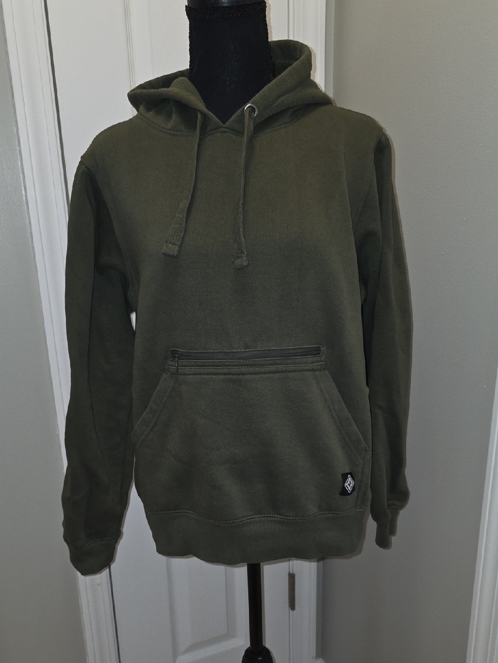 Olive Green Pullover Hoodie with Front Zip Pocket